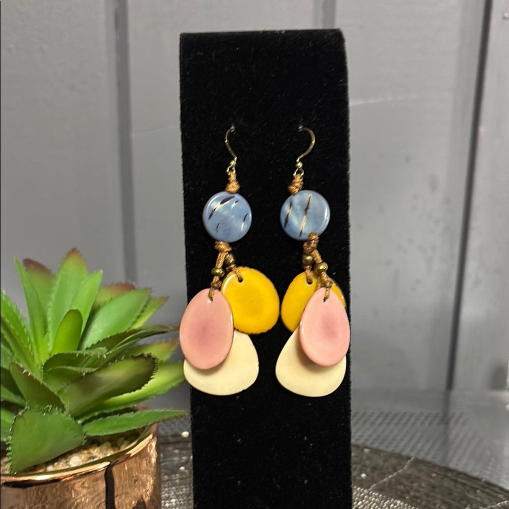Vibrant Blue and Yellow Cascading Earrings with Circular Design